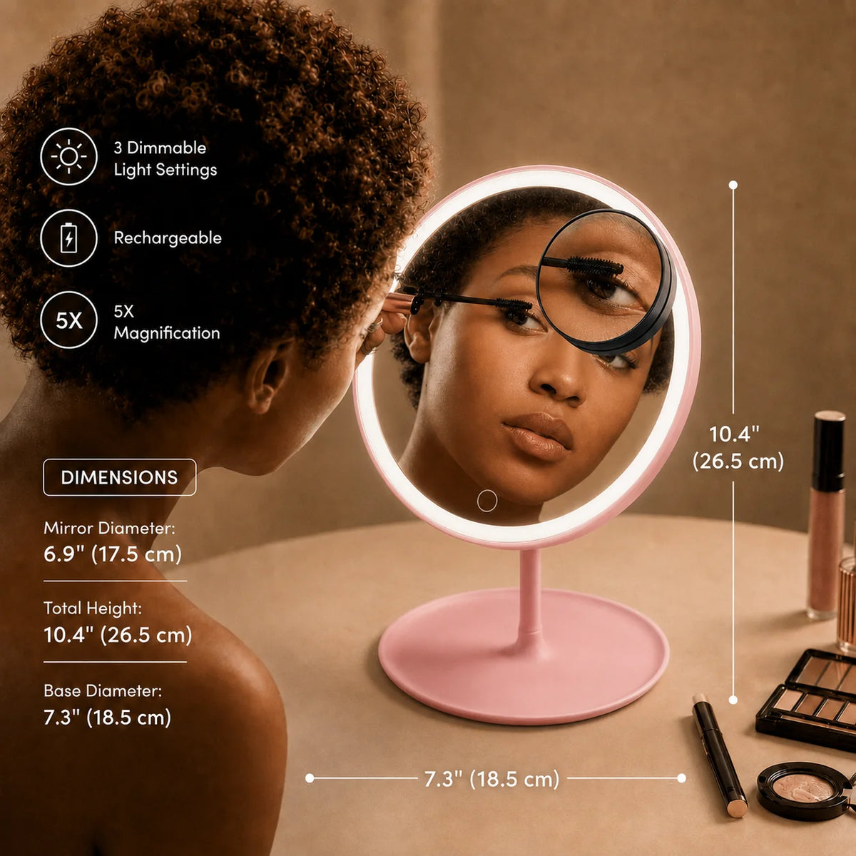 Travel Makeup Mirror 5x Magnification Dimmable LED USB Rechargeable