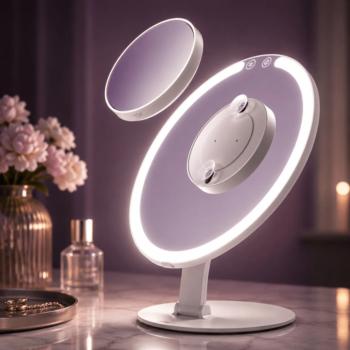 Travel Makeup Mirror 5x Magnification Dimmable LED USB Rechargeable