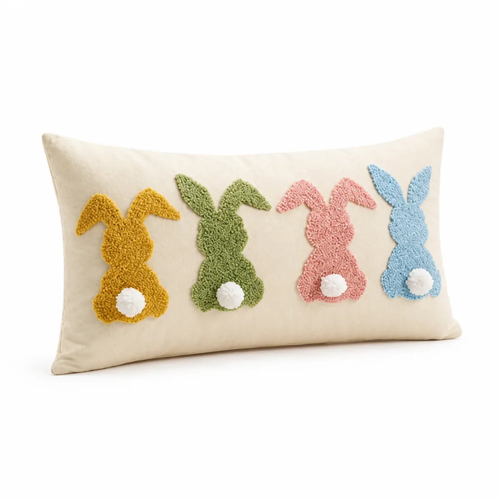 Tufted Bunny Applique Lumbar Throw Pillow Cover (Pom-Pom Tail)