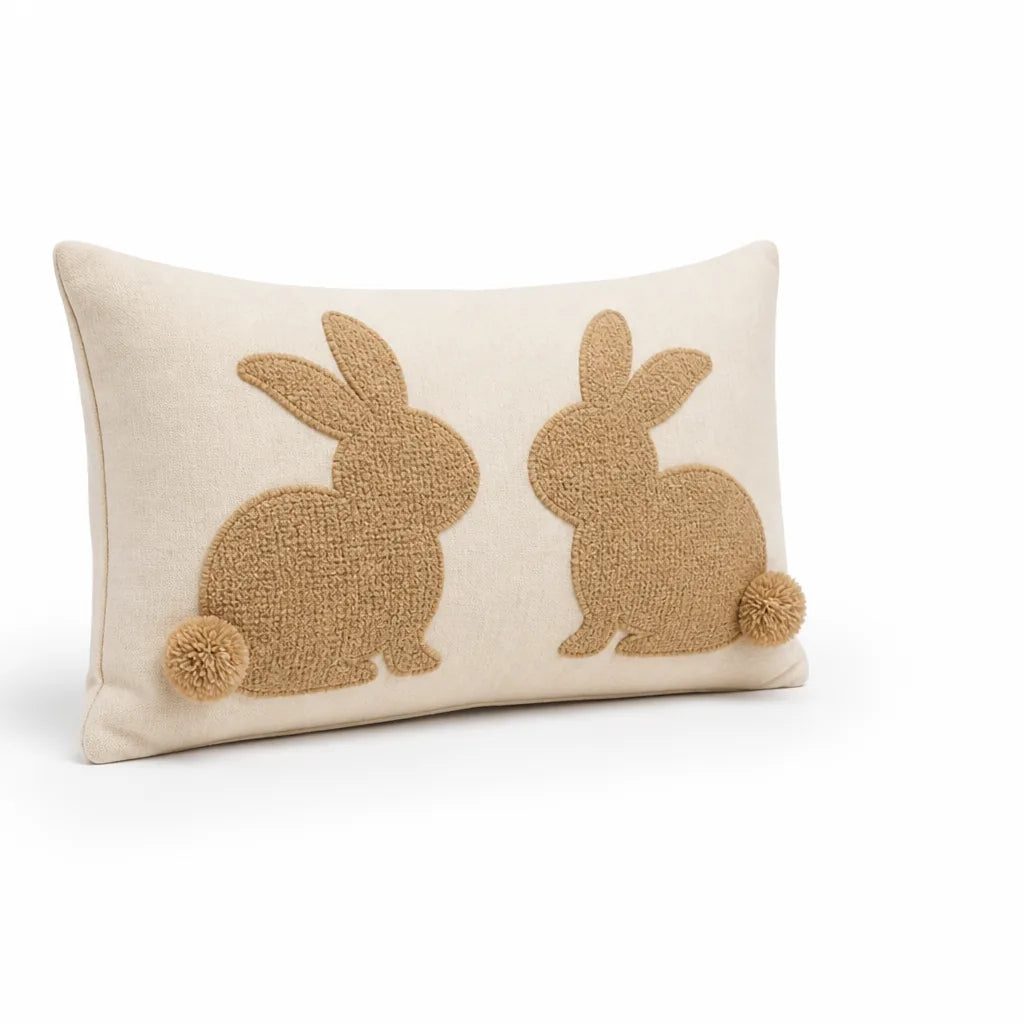 Tufted Bunny Applique Lumbar Throw Pillow Cover (Pom-Pom Tail)