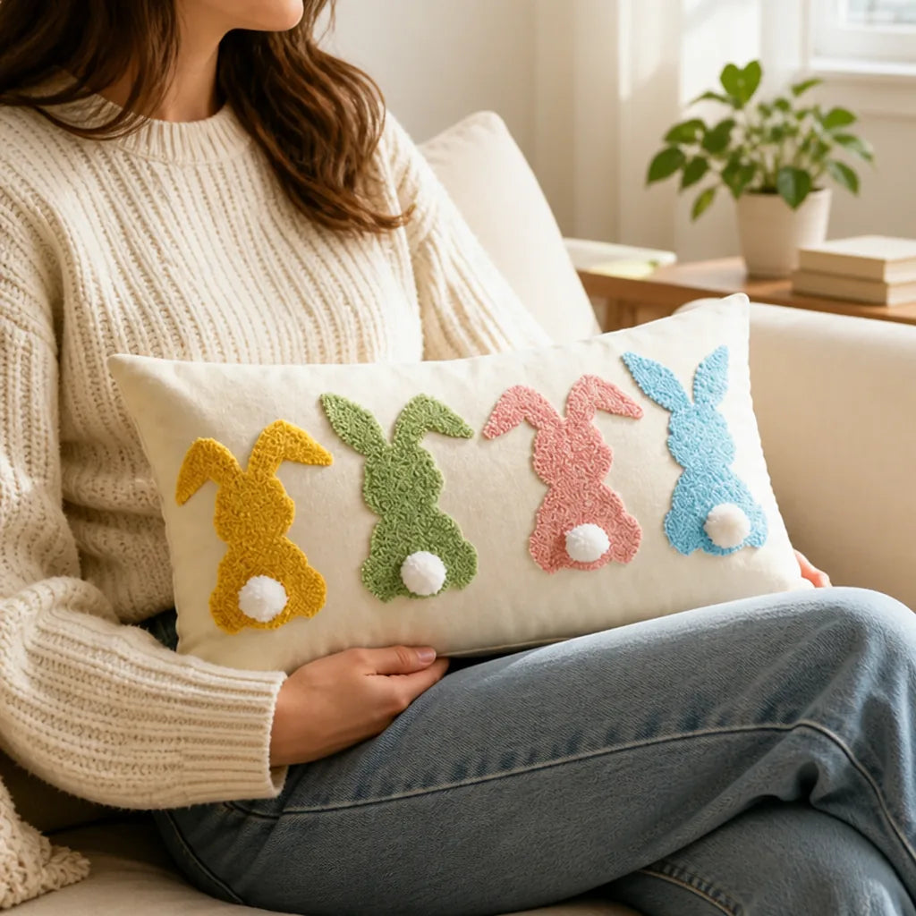 Tufted Bunny Applique Lumbar Throw Pillow Cover (Pom-Pom Tail)
