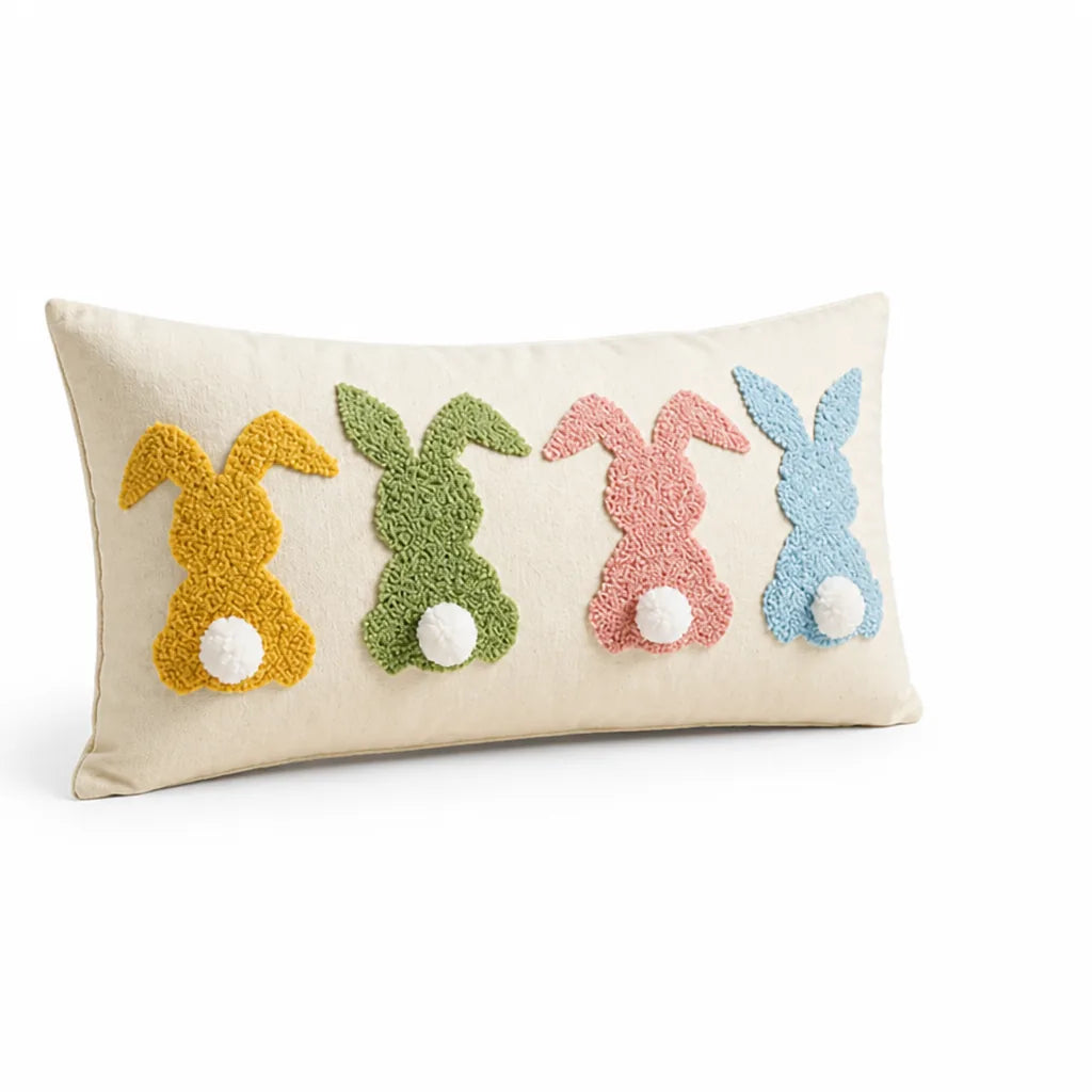 Tufted Bunny Applique Lumbar Throw Pillow Cover (Pom-Pom Tail)