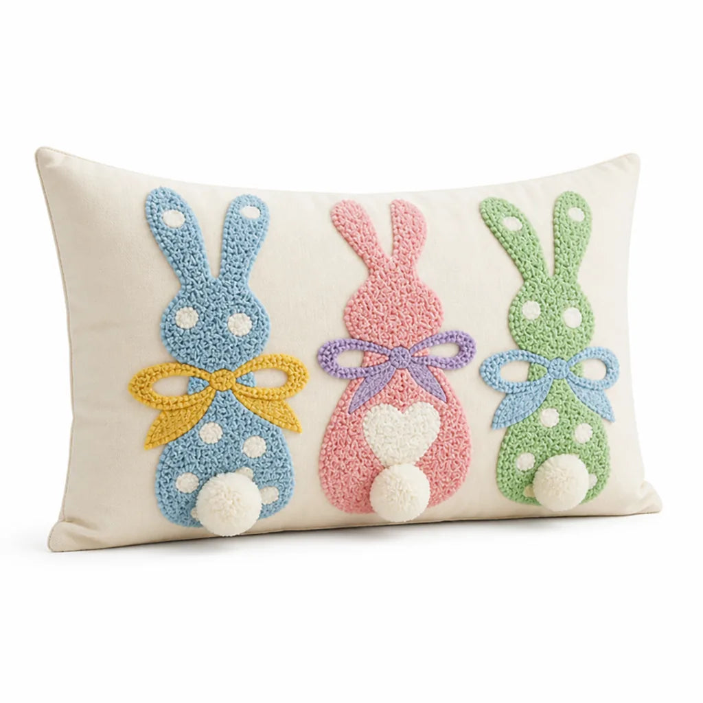 Tufted Bunny Applique Lumbar Throw Pillow Cover (Pom-Pom Tail)