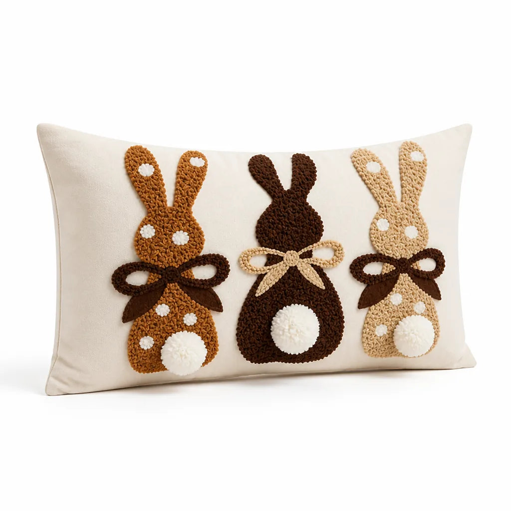 Tufted Bunny Applique Lumbar Throw Pillow Cover (Pom-Pom Tail)
