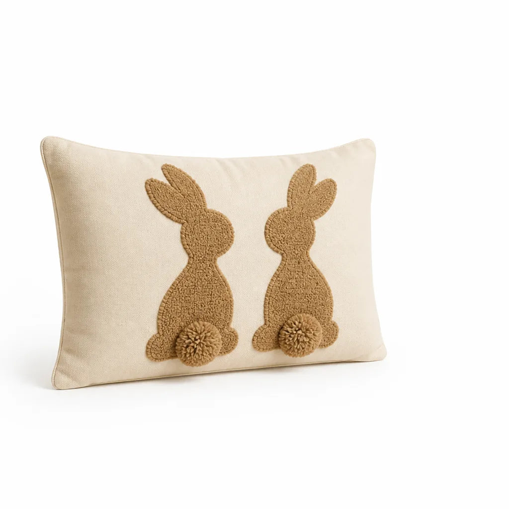 Tufted Bunny Applique Lumbar Throw Pillow Cover (Pom-Pom Tail)