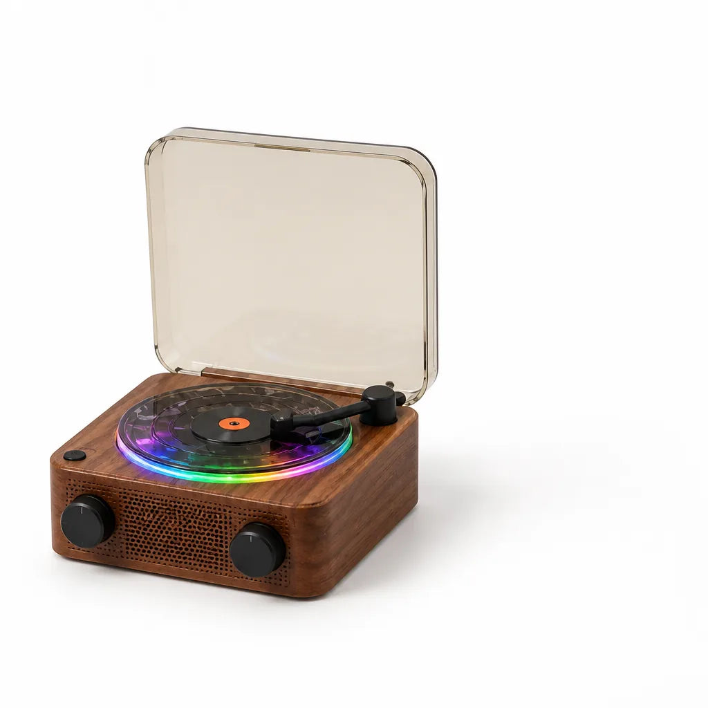 Turntable-Style Spinning Disc with RGB Light Bluetooth Speaker (360° Stereo)
