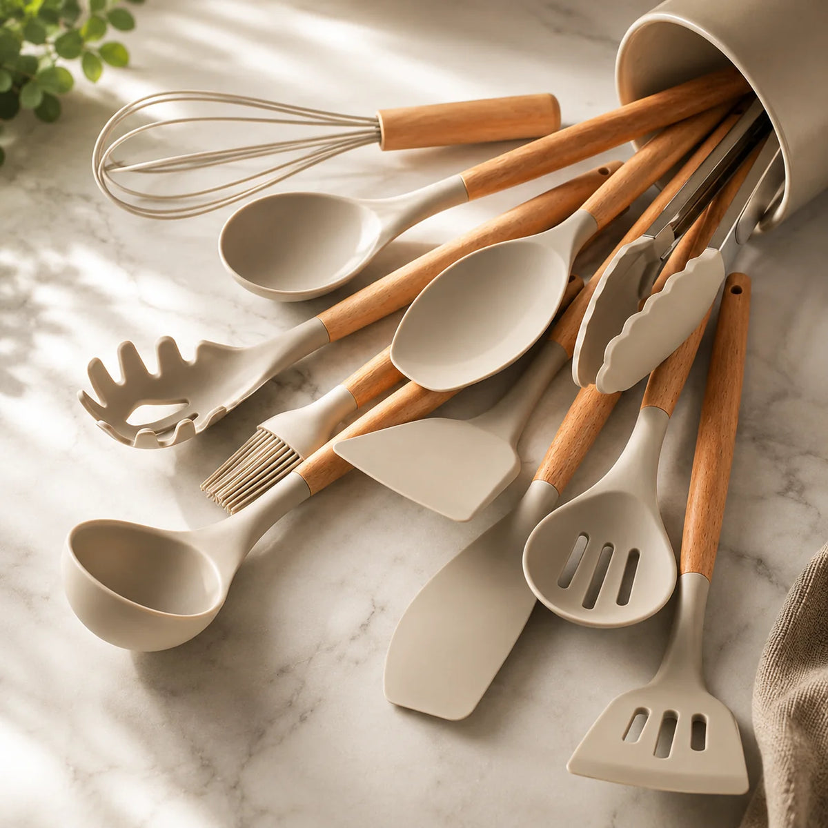 Utensil Set Silicone Heads & Bamboo Handles 12-Piece