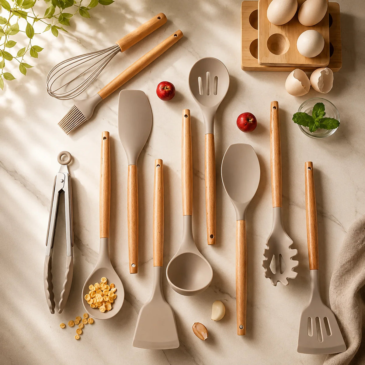 Utensil Set Silicone Heads & Bamboo Handles 12-Piece