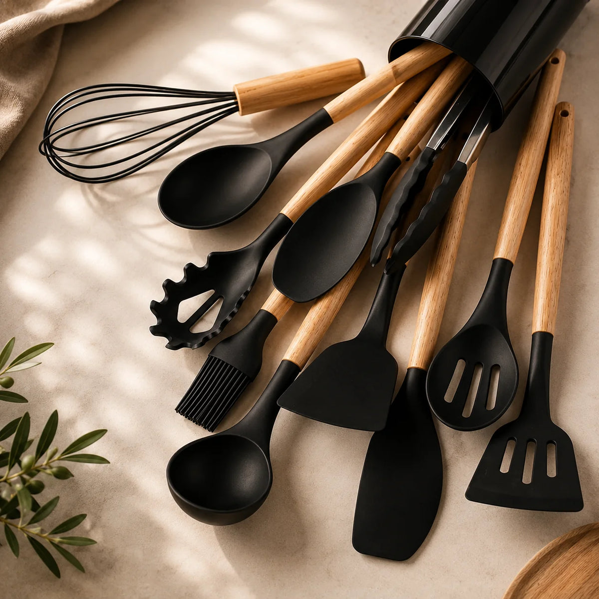 Utensil Set Silicone Heads & Bamboo Handles 12-Piece