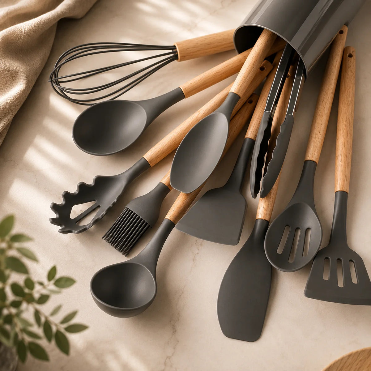 Utensil Set Silicone Heads & Bamboo Handles 12-Piece