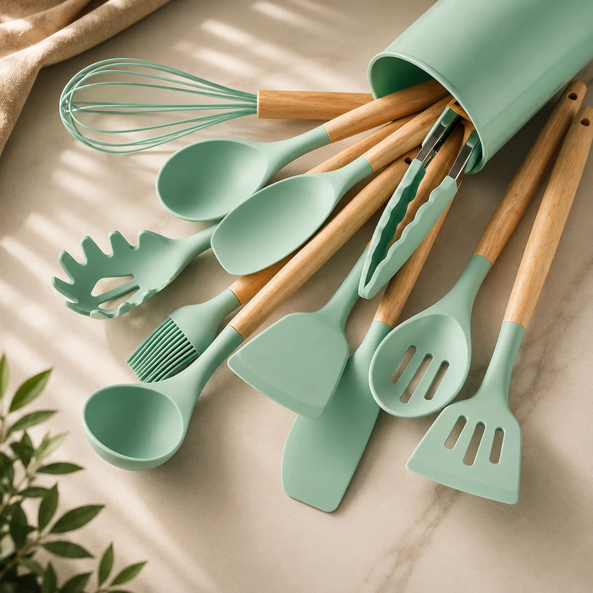 Utensil Set Silicone Heads & Bamboo Handles 12-Piece