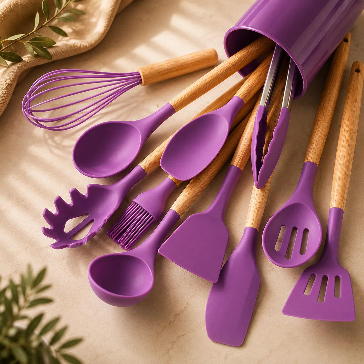 Utensil Set Silicone Heads & Bamboo Handles 12-Piece