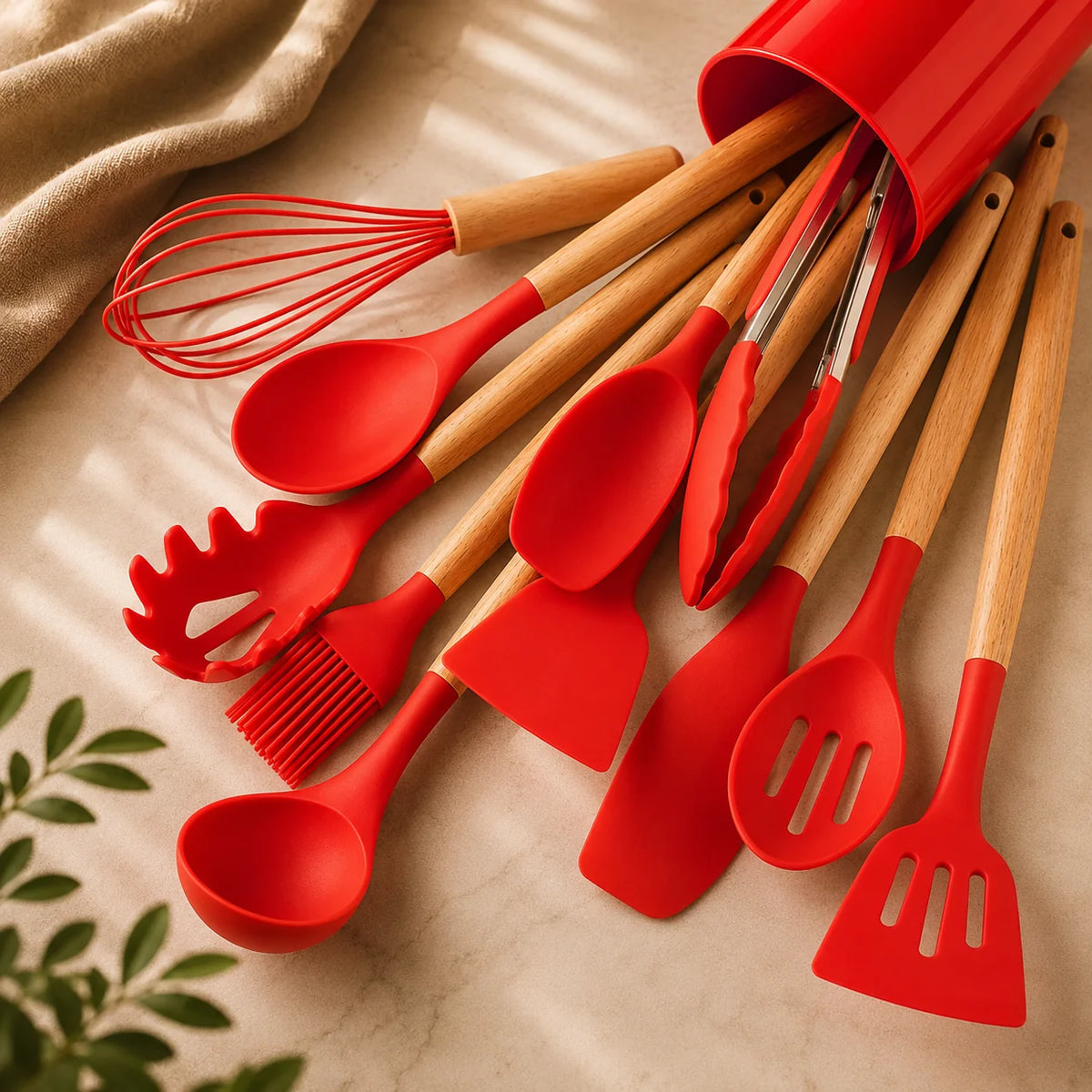 Utensil Set Silicone Heads & Bamboo Handles 12-Piece