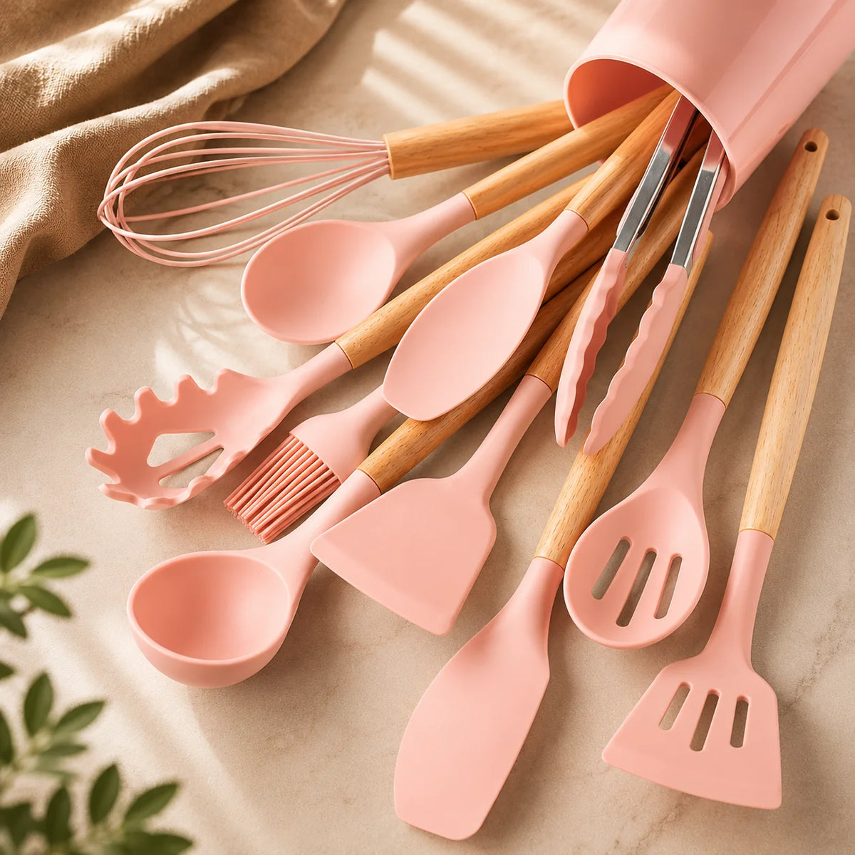 Utensil Set Silicone Heads & Bamboo Handles 12-Piece