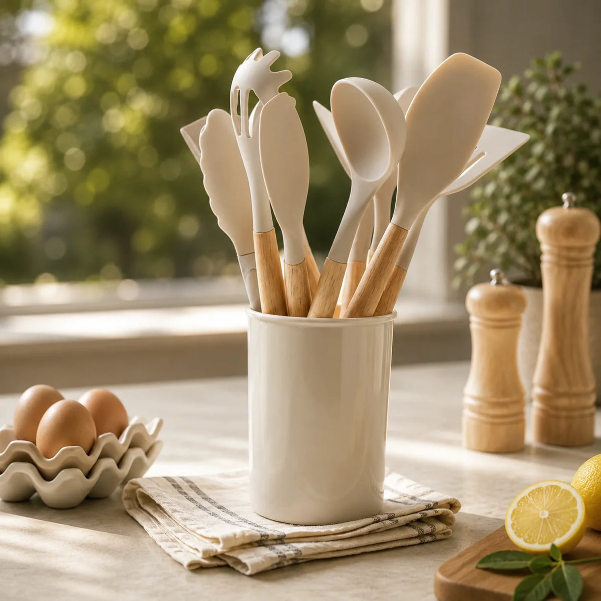 Utensil Set Silicone Heads & Bamboo Handles 12-Piece