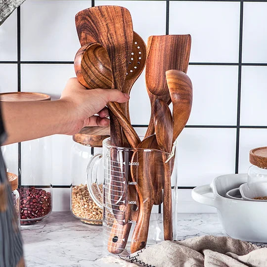 Utensil Set Teak Wood 8-Piece Heat-Resistant & Non-Toxic
