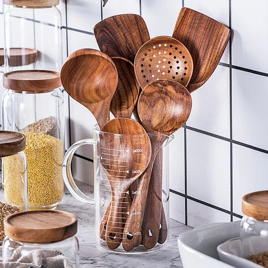 Utensil Set Teak Wood 8-Piece Heat-Resistant & Non-Toxic