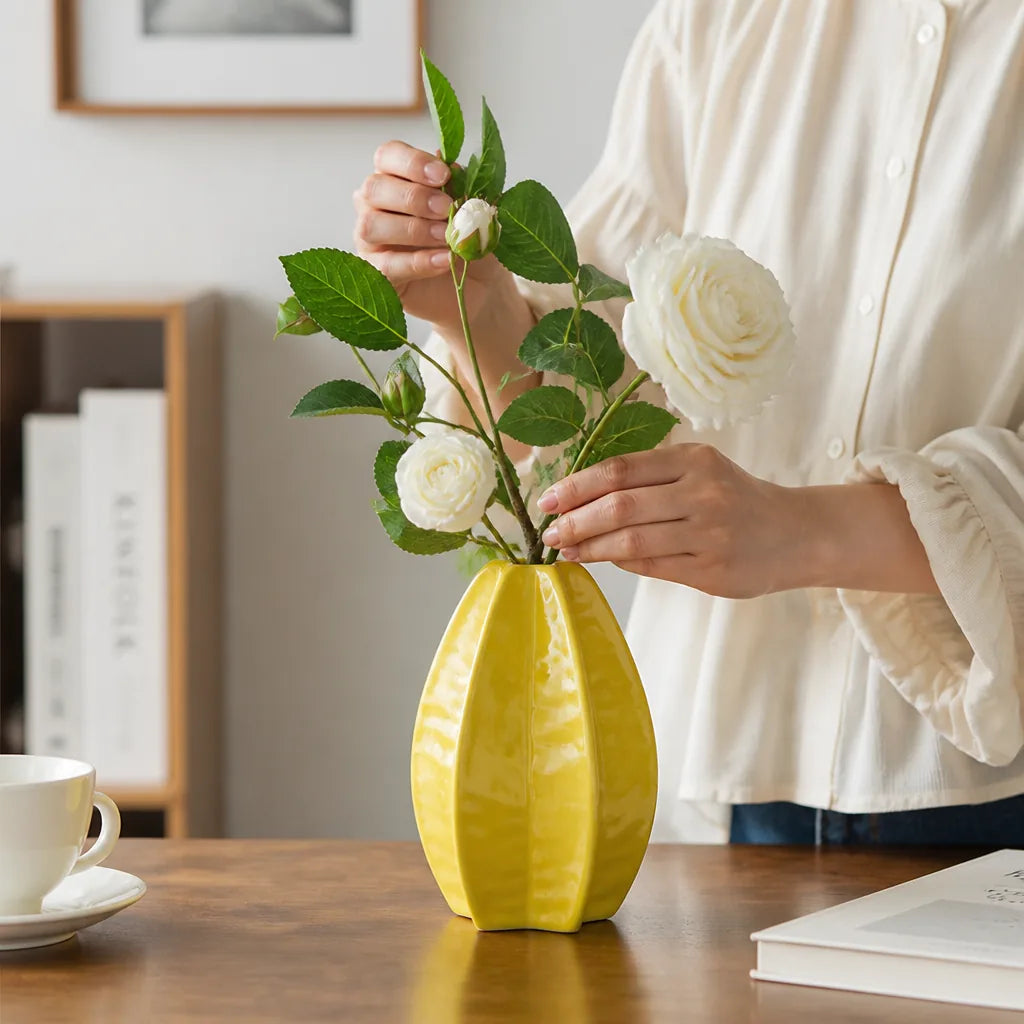Vase Leaf-Shaped Glossy Ceramic Yellow