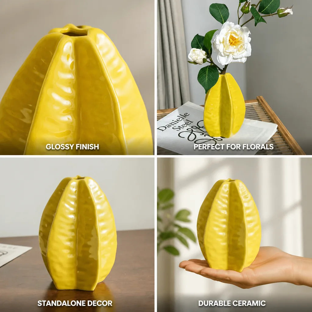 Vase Leaf-Shaped Glossy Ceramic Yellow