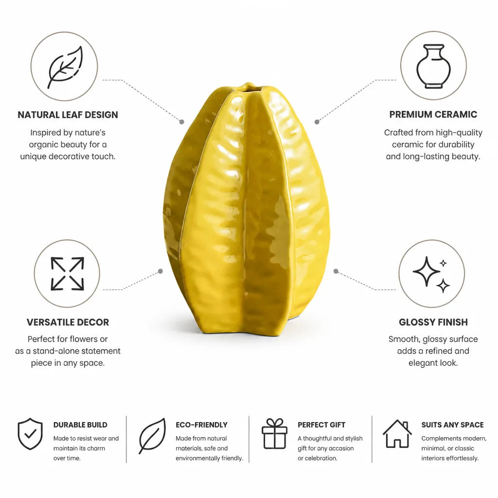 Vase Leaf-Shaped Glossy Ceramic Yellow