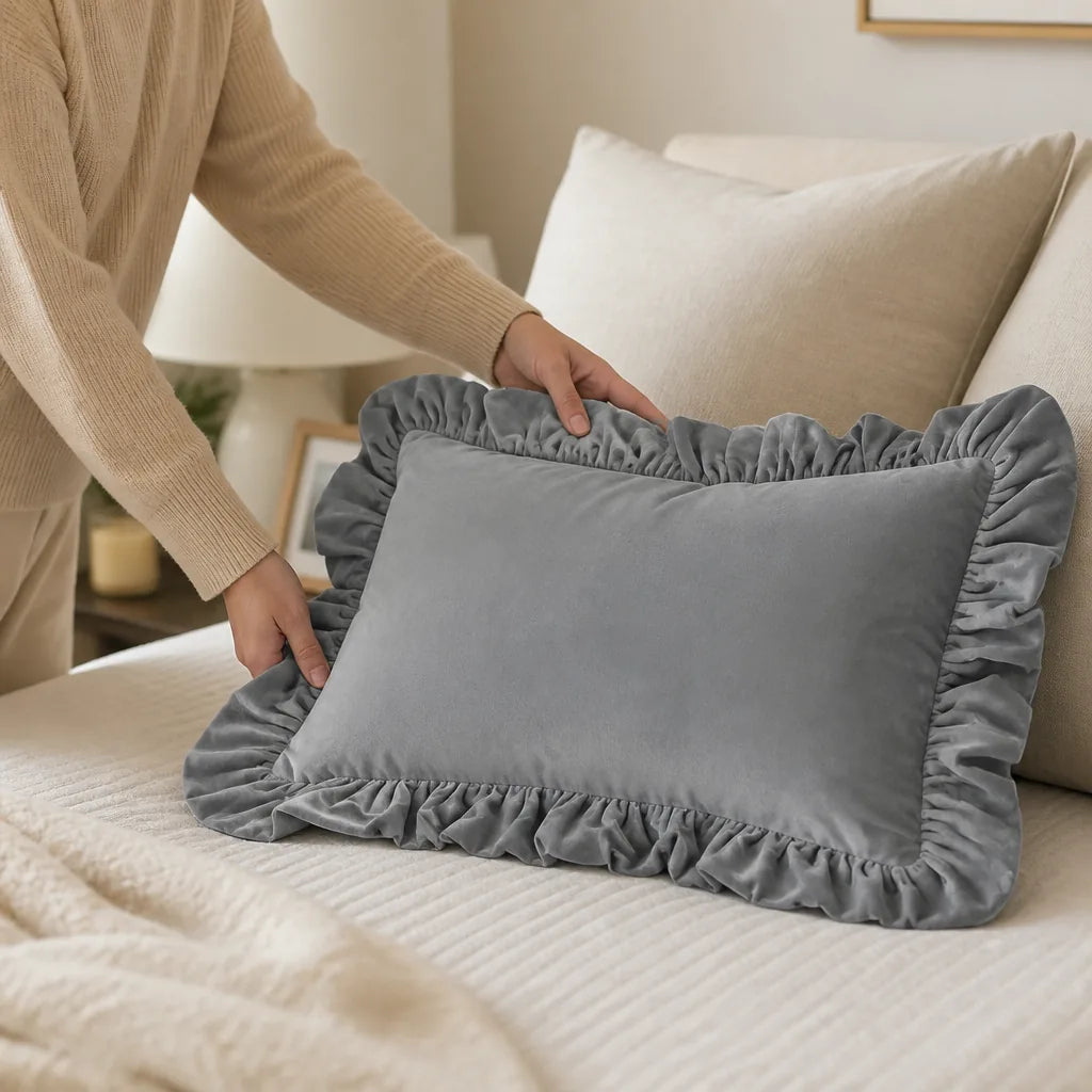 Velvet Face Pillow Sham With Ruffled Flange (Hidden Zipper)