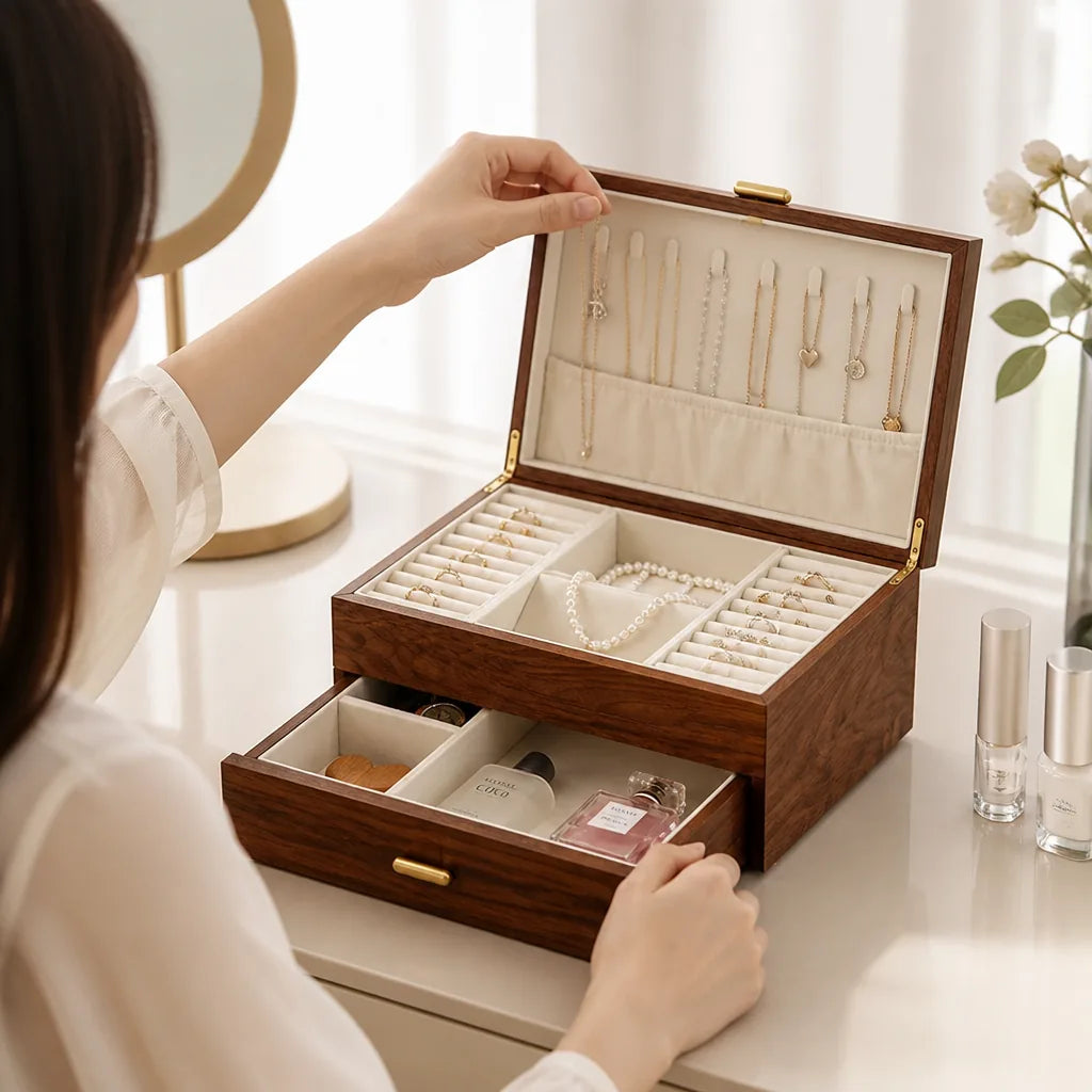 Velvet-Lined Walnut Jewelry Box
