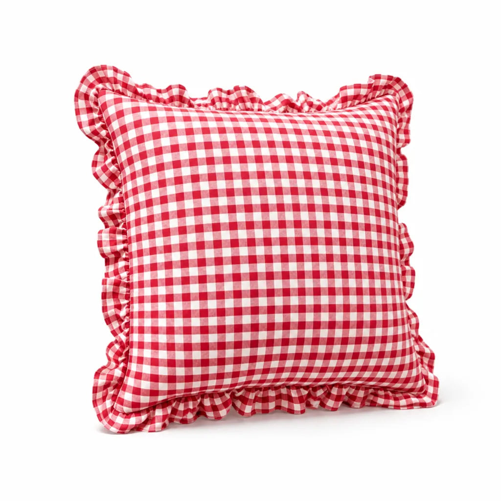 Vichy Check Pillow Cover with All-Around Ruffles (Cotton Blend)