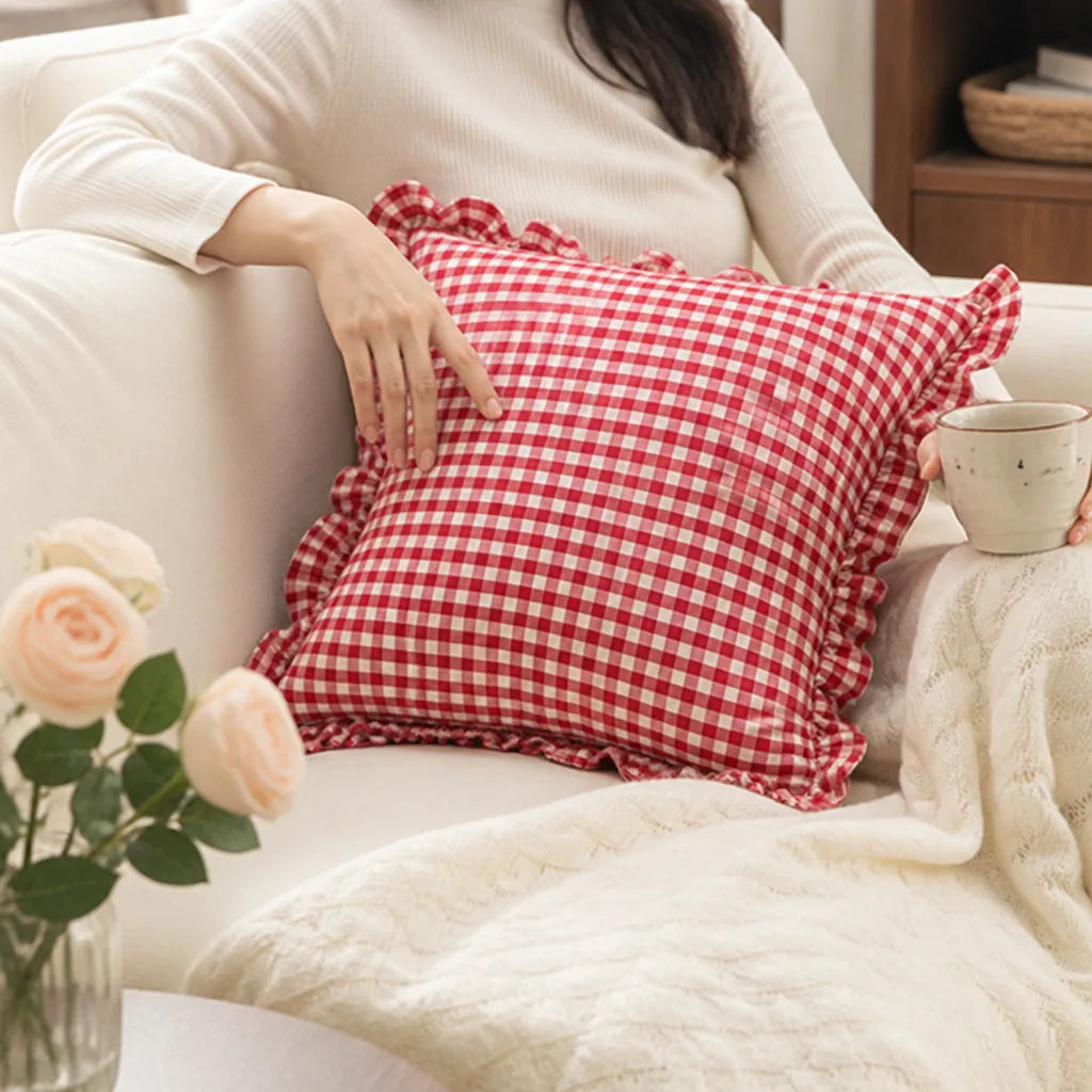 Vichy Check Pillow Cover with All-Around Ruffles (Cotton Blend)