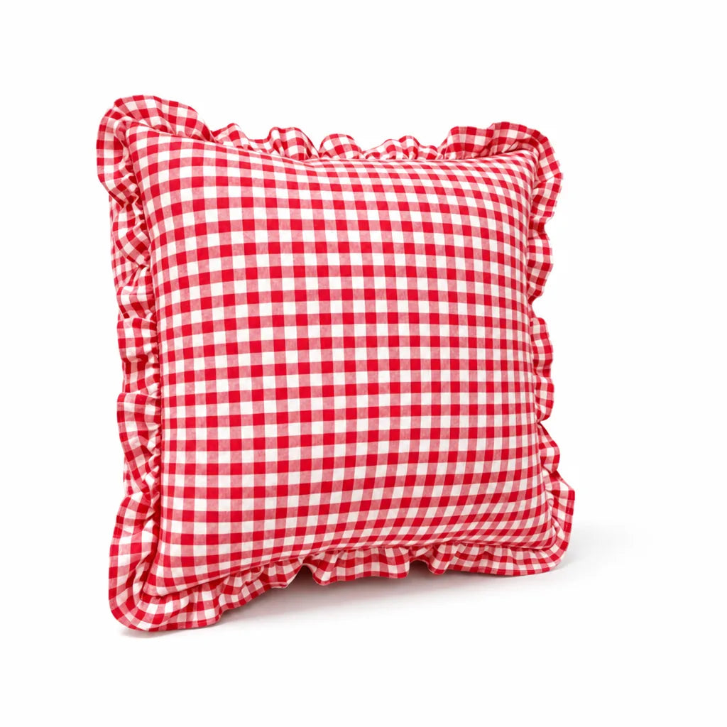 Vichy Check Pillow Cover with All-Around Ruffles (Cotton Blend)