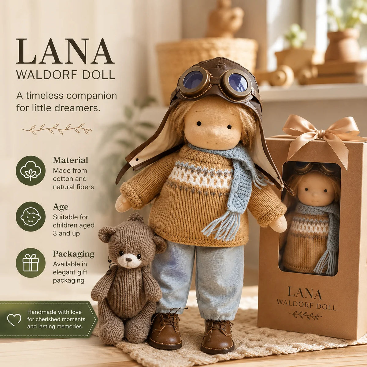 Waldorf Doll 12 Inch Cotton-Blend Body & Removable Knitted Outfit