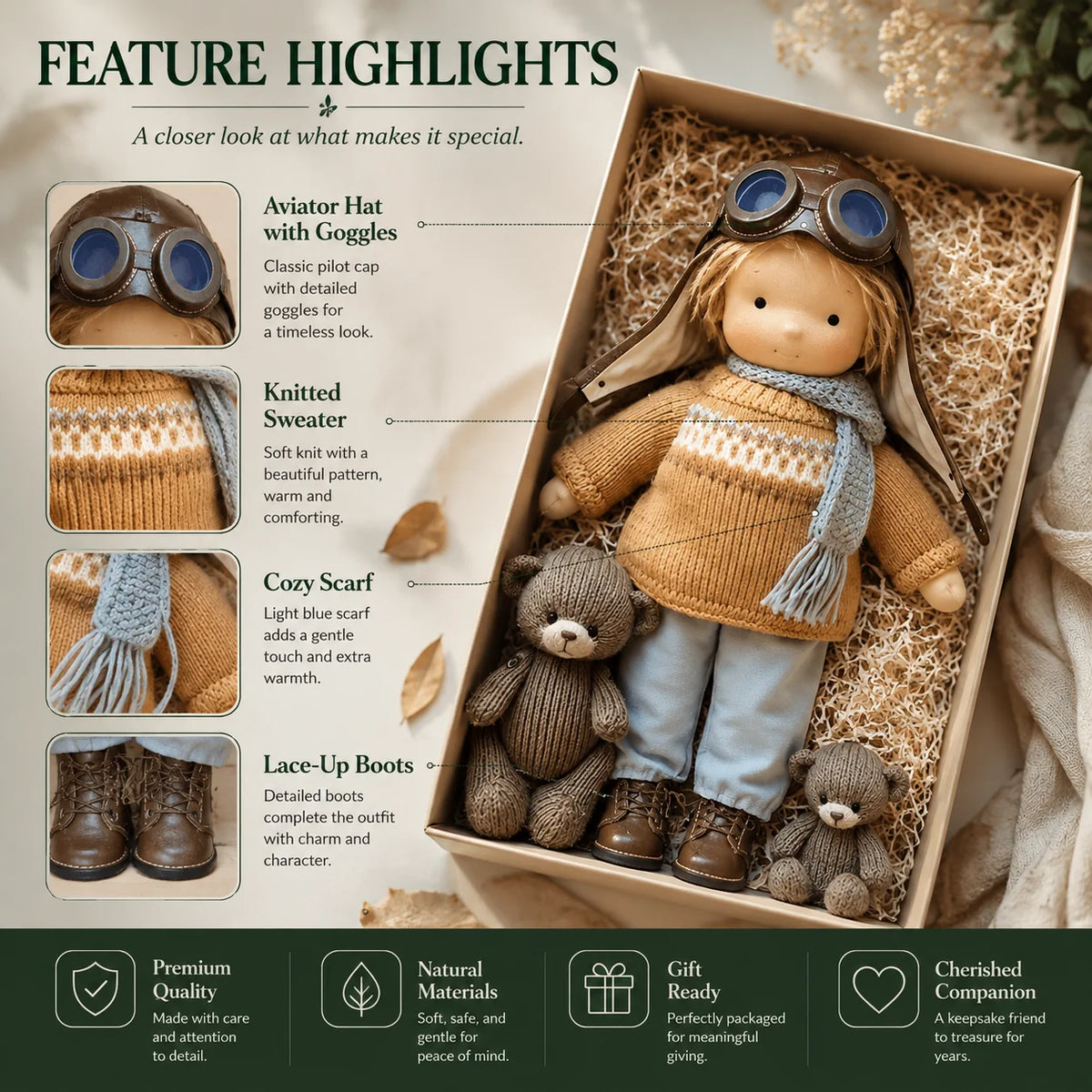Waldorf Doll 12 Inch Cotton-Blend Body & Removable Knitted Outfit