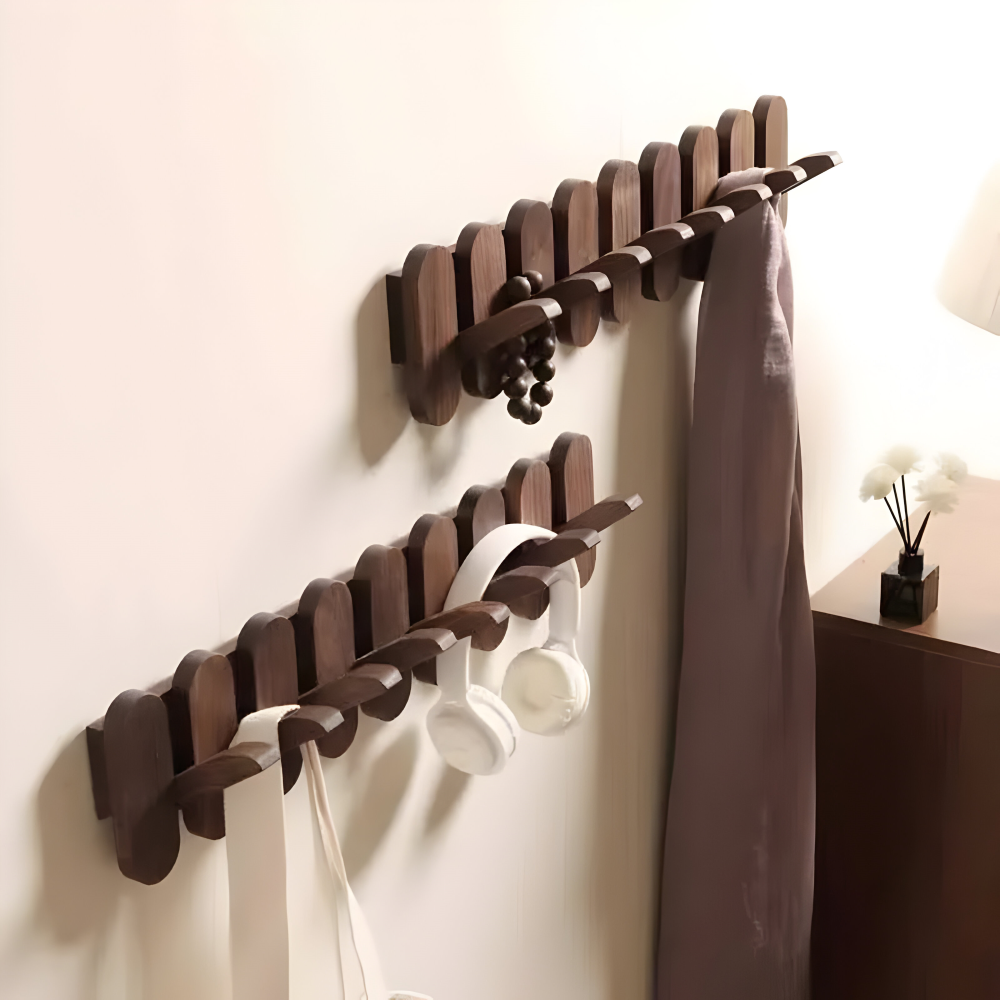 Wall Coat Rack Solid Wood Walnut Finish Rounded Hooks