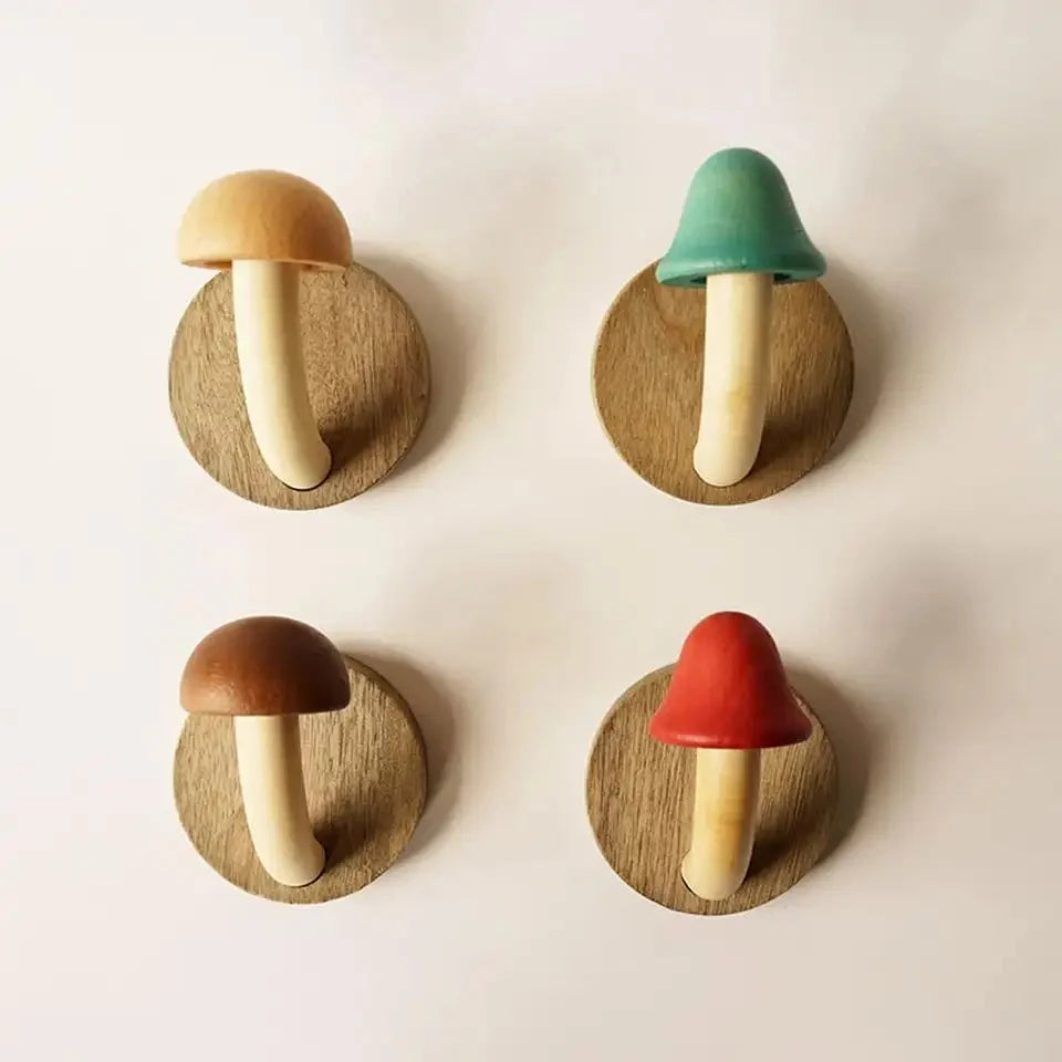 Wall Hooks Mushroom Design Painted Wood Set of 4