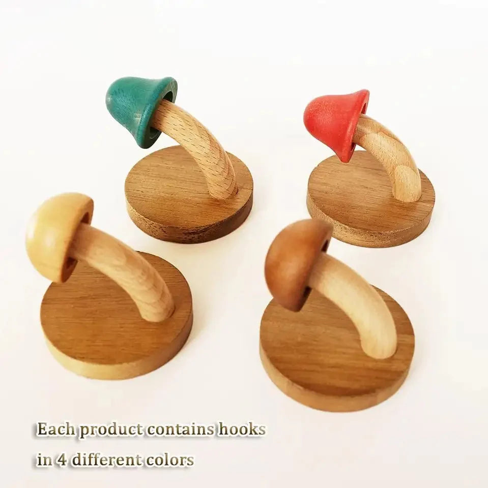Wall Hooks Mushroom Design Painted Wood Set of 4