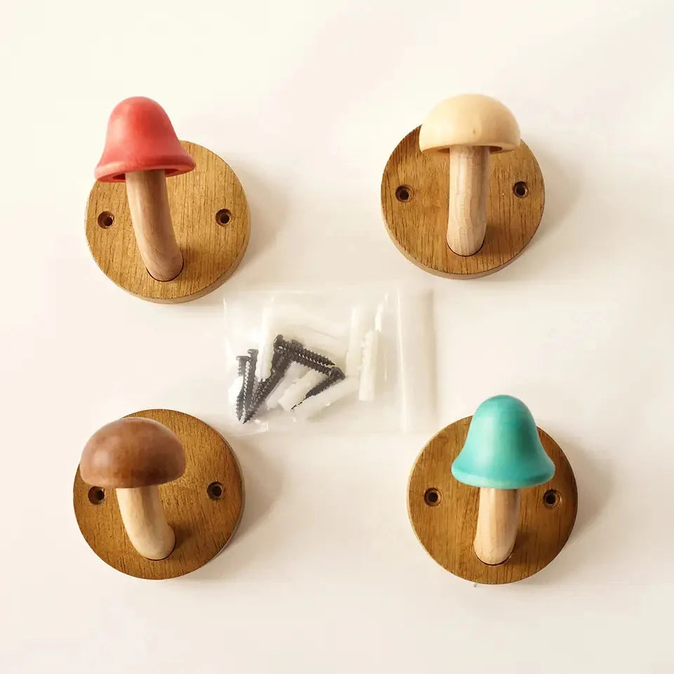 Wall Hooks Mushroom Design Painted Wood Set of 4