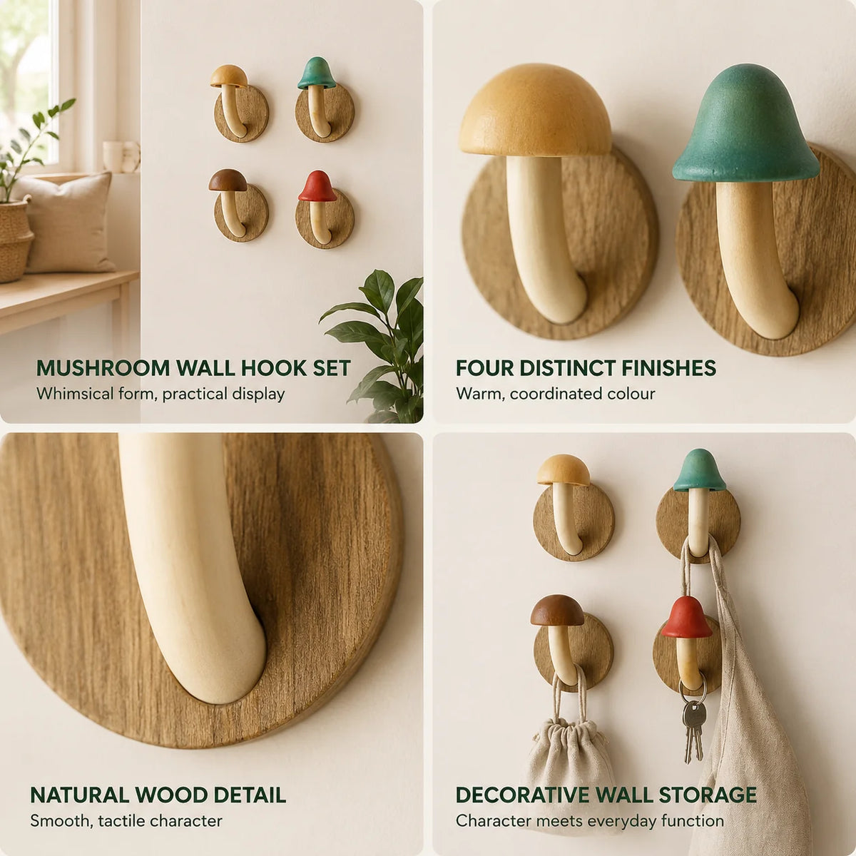 Wall Hooks Mushroom Design Painted Wood Set of 4