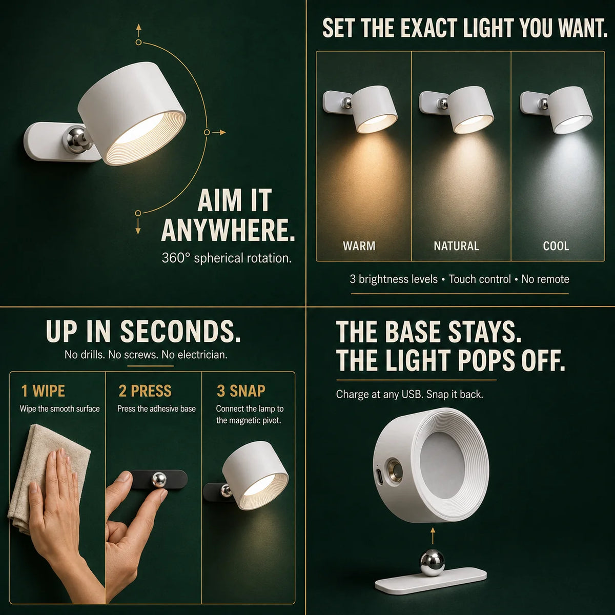 Wall Light Magnetic 360-Degree USB Rechargeable Adhesive Mount