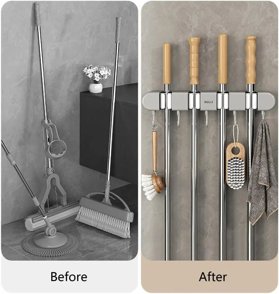 Wall Mount Broom & Mop Holder Space-Saving Stainless Steel