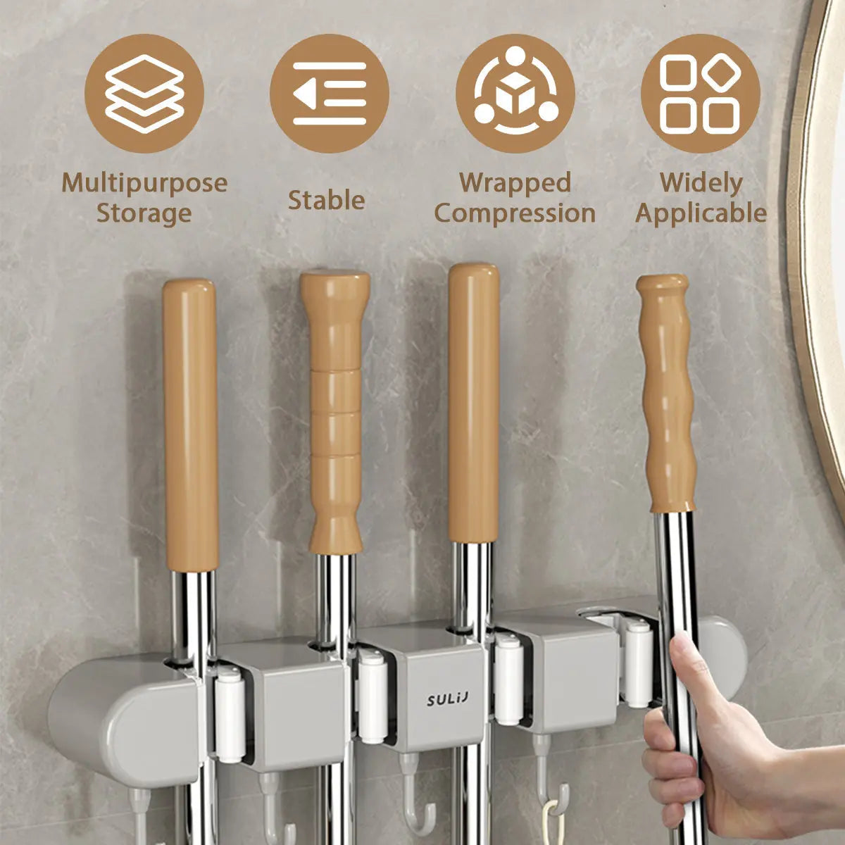 Wall Mount Broom & Mop Holder Space-Saving Stainless Steel