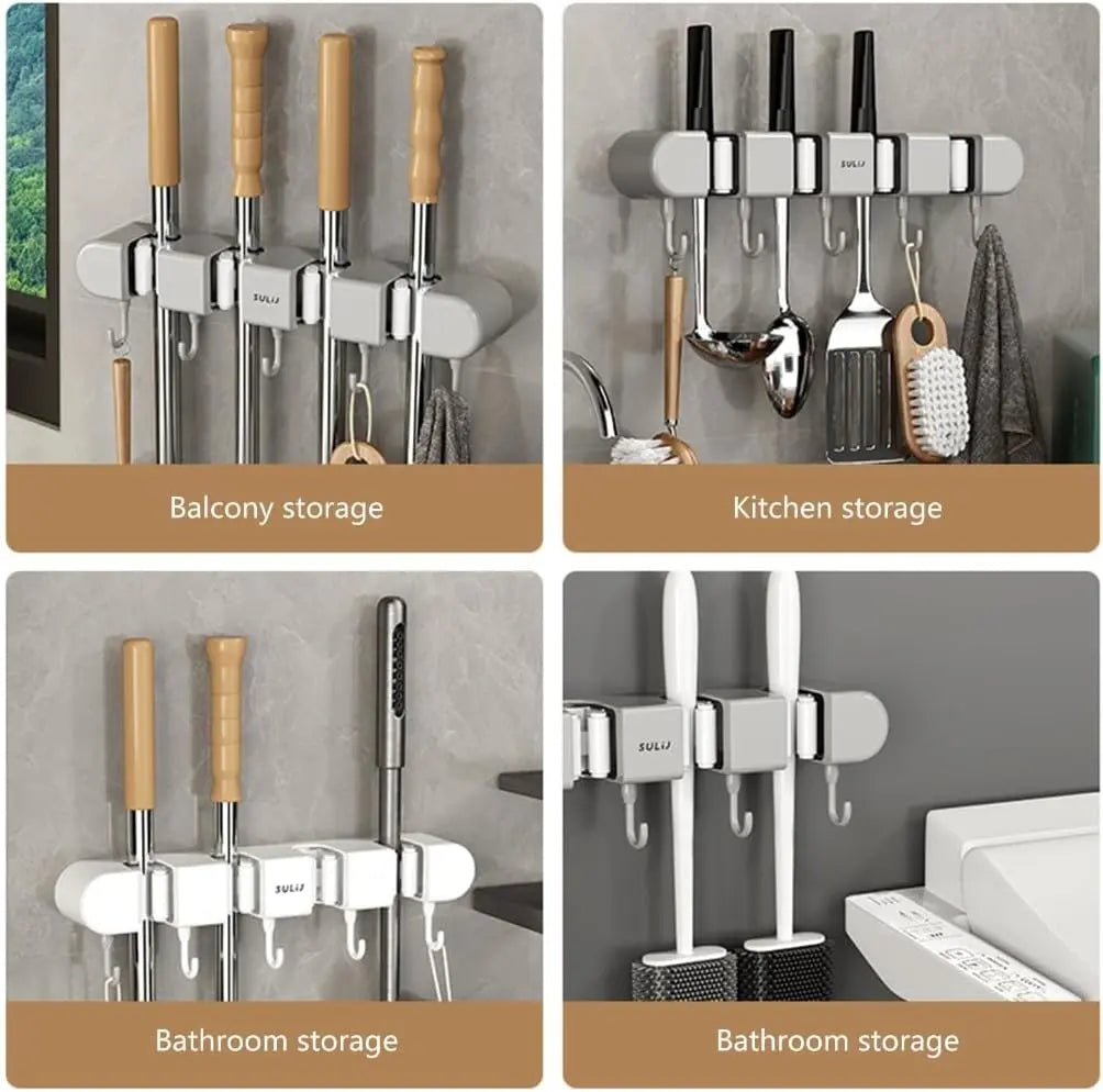 Wall Mount Broom & Mop Holder Space-Saving Stainless Steel