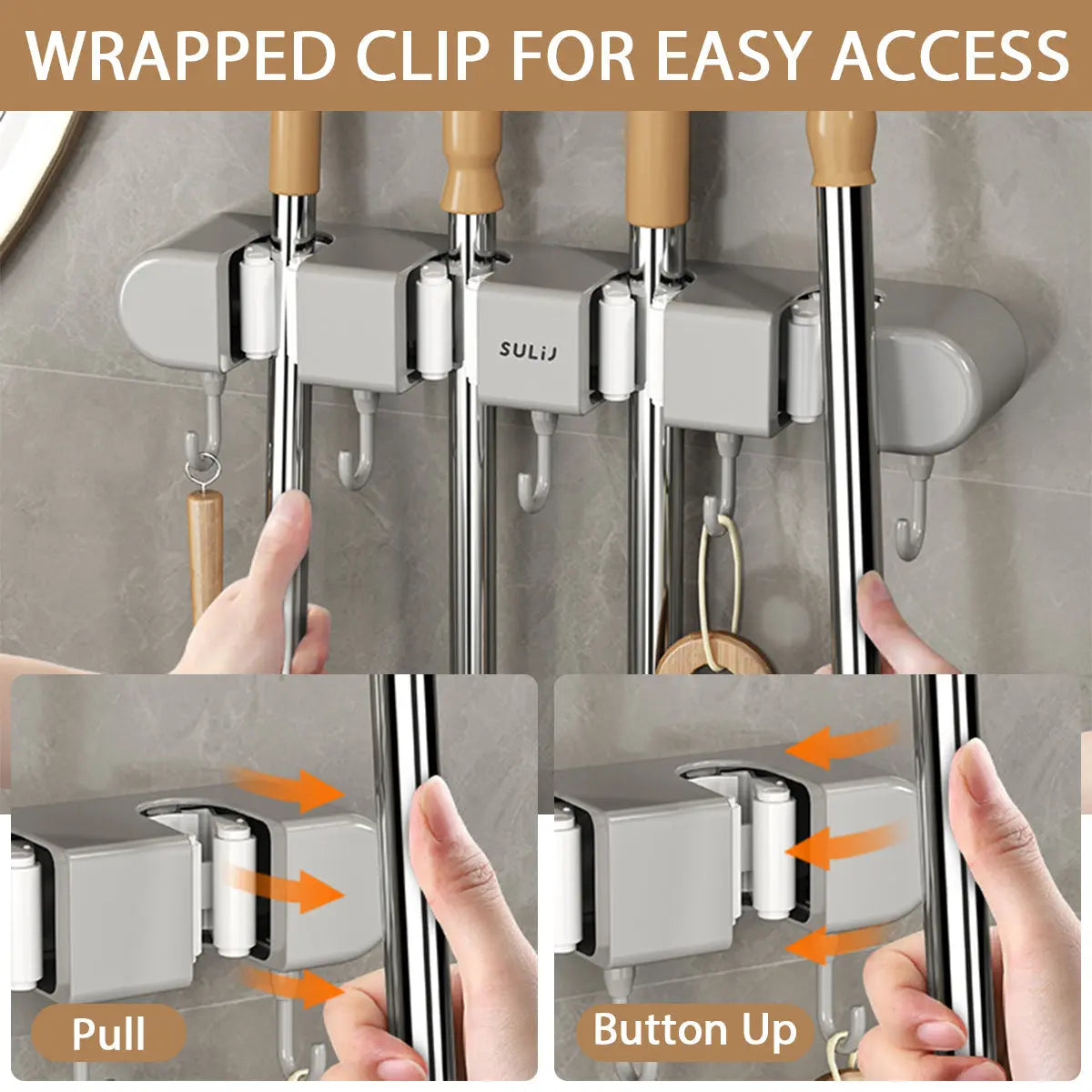 Wall Mount Broom & Mop Holder Space-Saving Stainless Steel