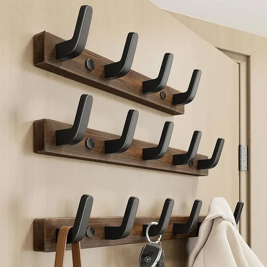 Wall-Mounted Coat Hook Wood Base & Metal Hooks