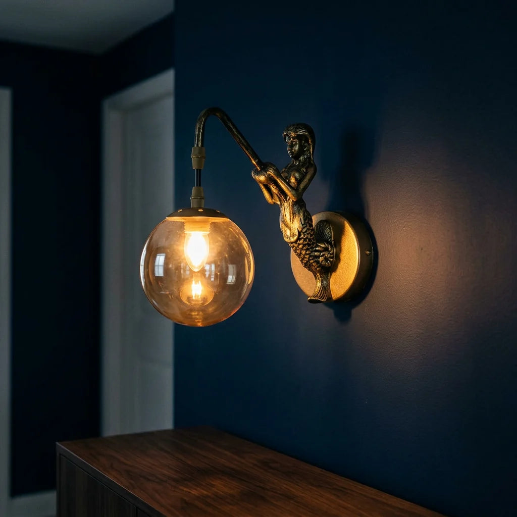 Wall Sconce Mermaid Resin Body Glass Shade Hardwired