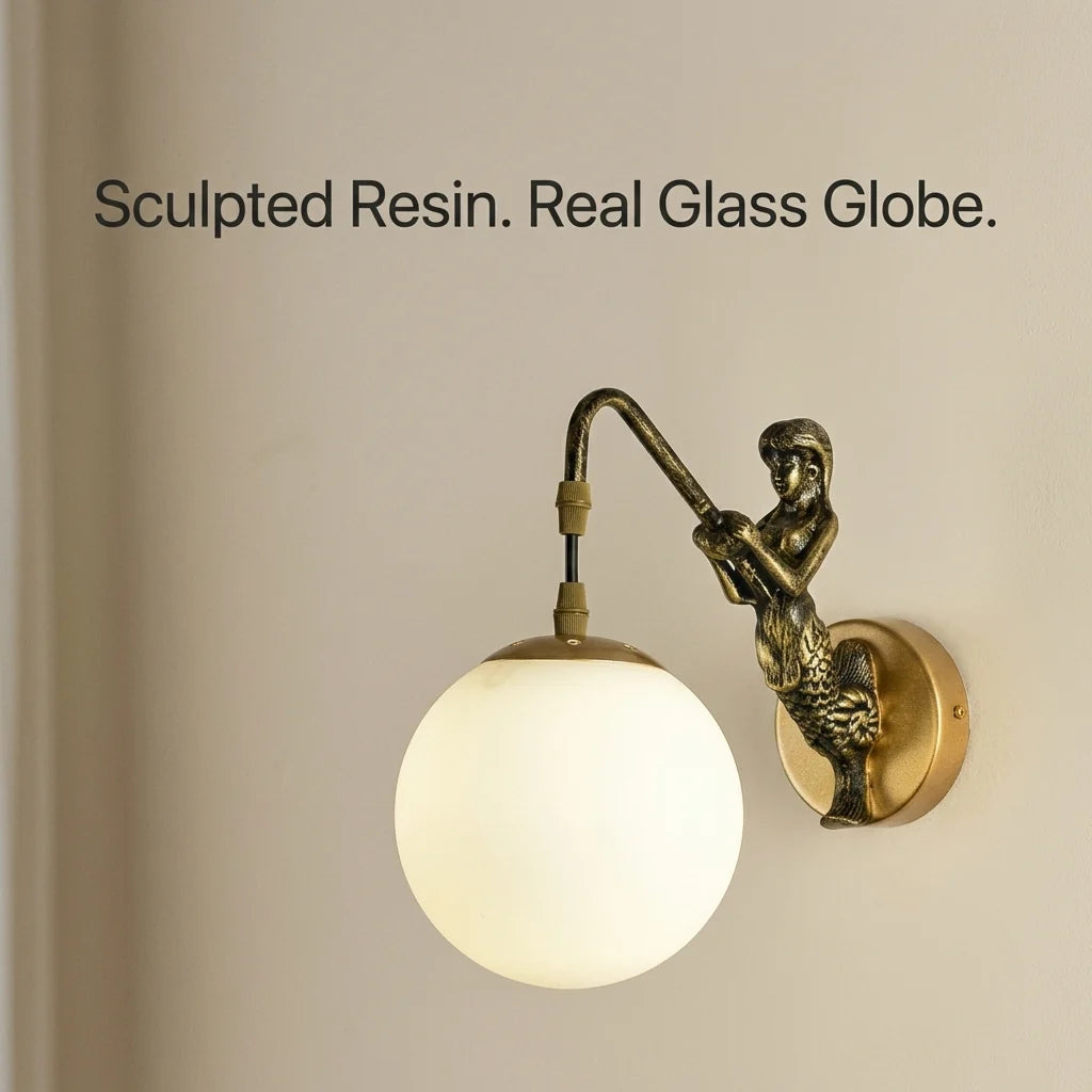 Wall Sconce Mermaid Resin Body Glass Shade Hardwired