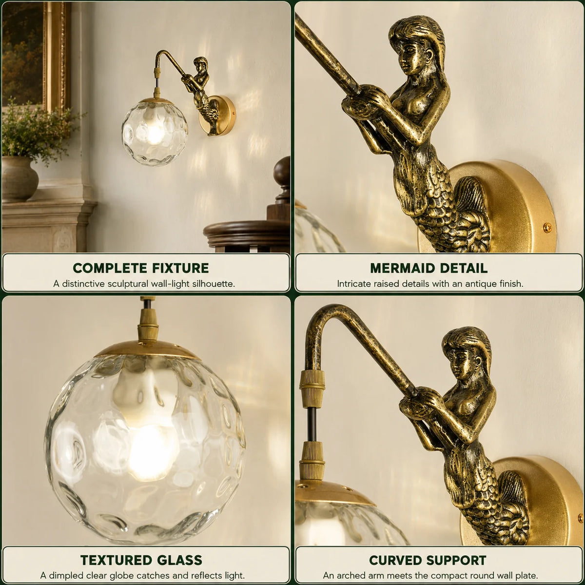Wall Sconce Mermaid Resin Body Glass Shade Hardwired