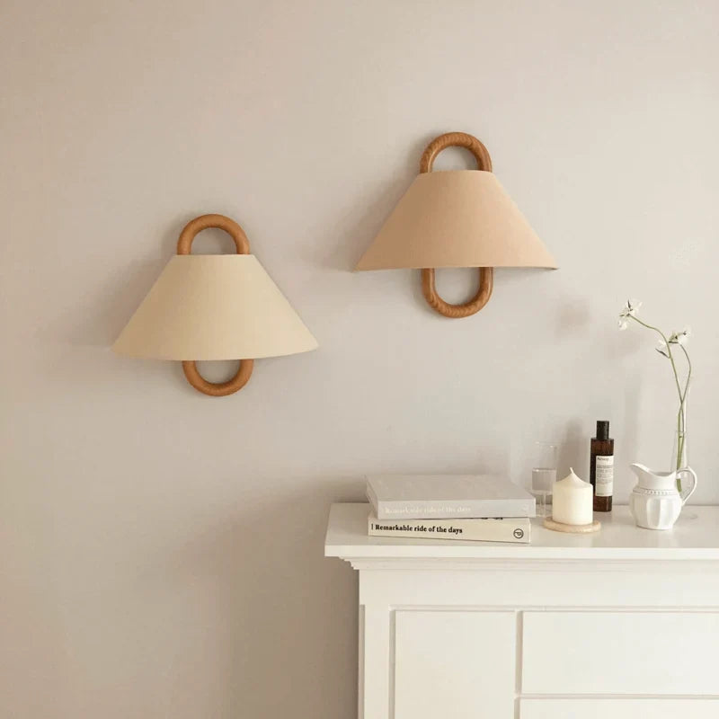 Wall Sconce Solid Beechwood & Fabric Shade Plug-In Or Hardwired