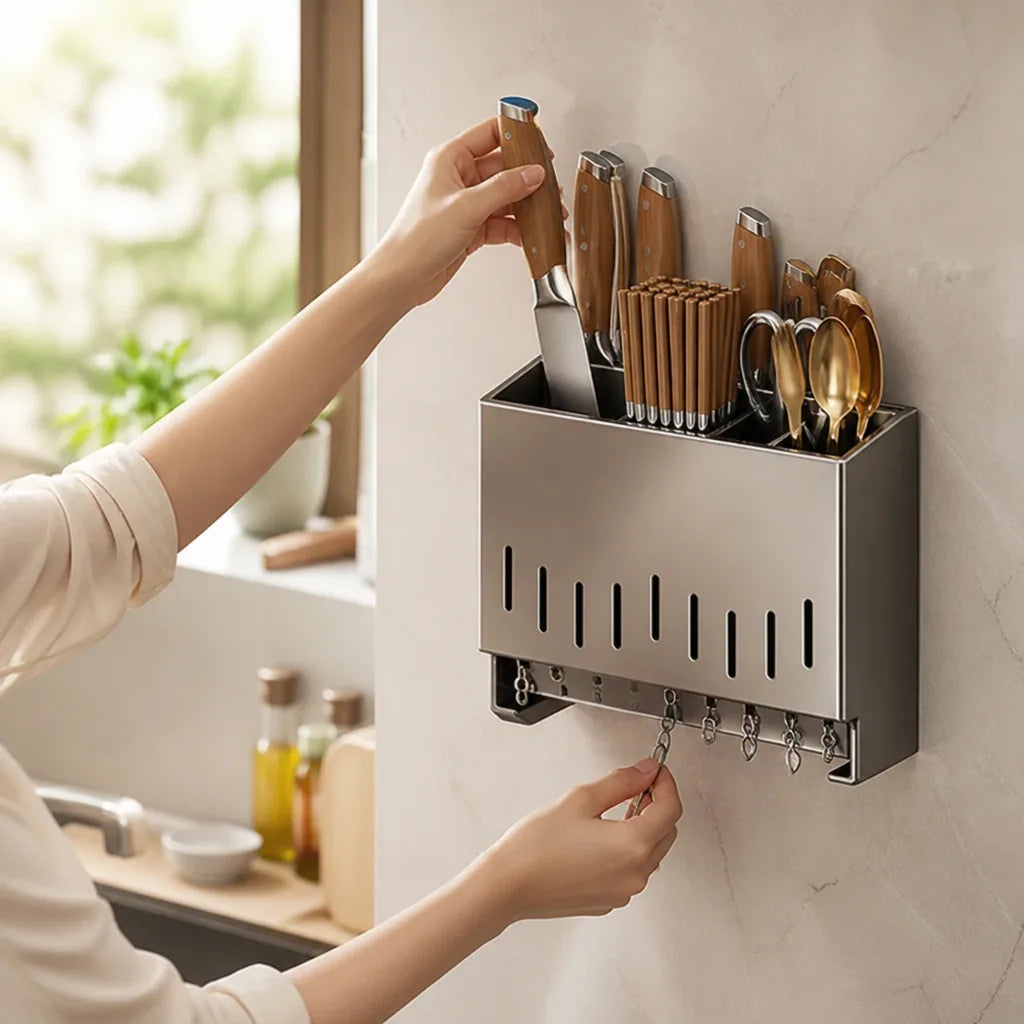 Wall Shelf Knife & Chopstick Organizer Stainless Steel No-Drill