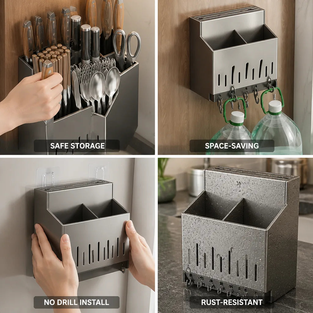 Wall Shelf Knife & Chopstick Organizer Stainless Steel No-Drill