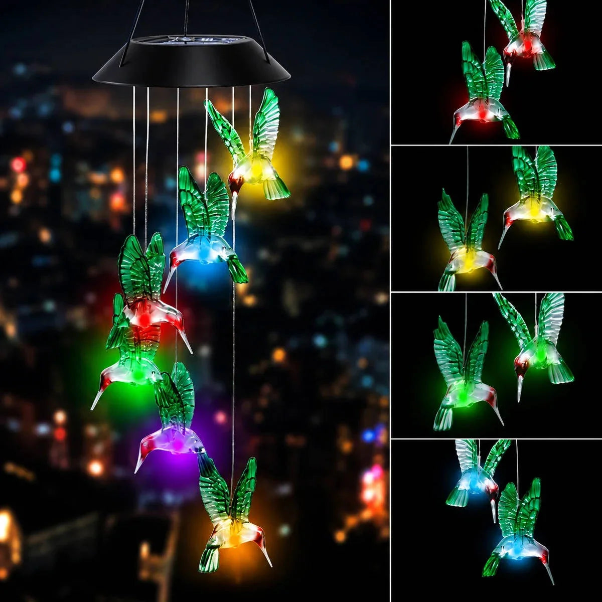 Wind Chime Solar-Powered Color-Changing Glass Hummingbirds
