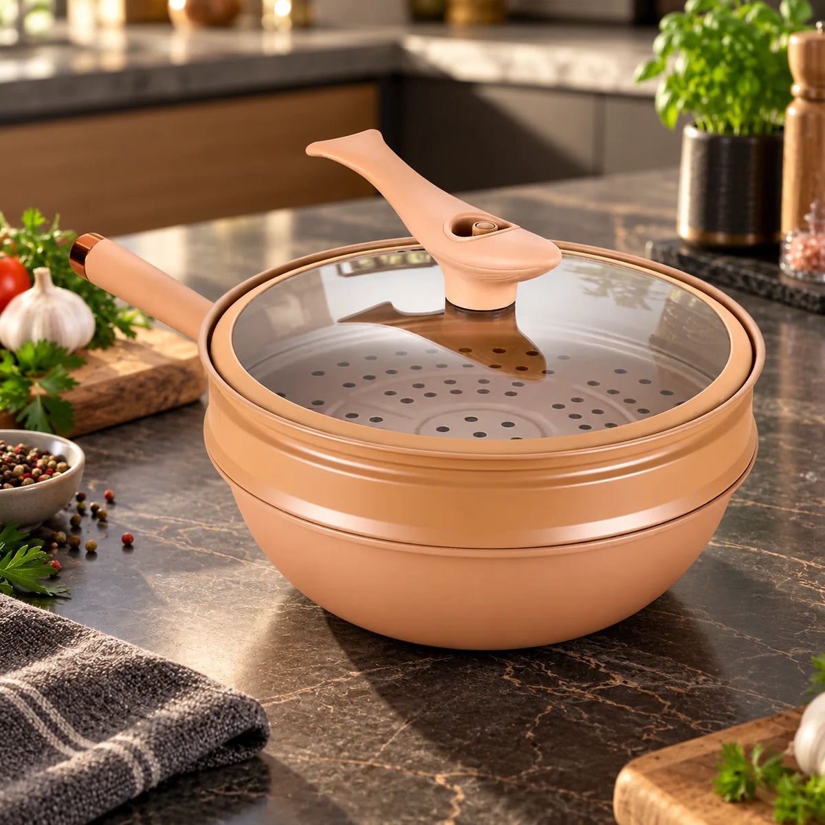Wok 12 Inch Nonstick Aluminum Steamer & Glass Lid